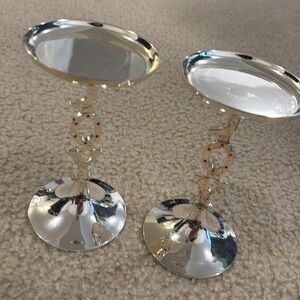 Harvey Lewis HOLIDAY silver plated pillar holders pair JOY EUC